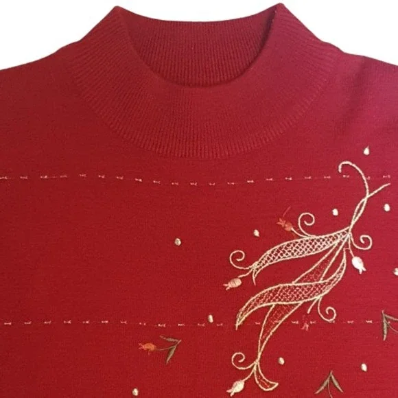 Size 10-12 Vintage Wool Blend Dark Red & Gold Embroidered Jumper - Picture 3 of 9